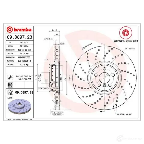 Тормозной диск BREMBO 09.D897.23 V9K FF 1438329740 изображение 1