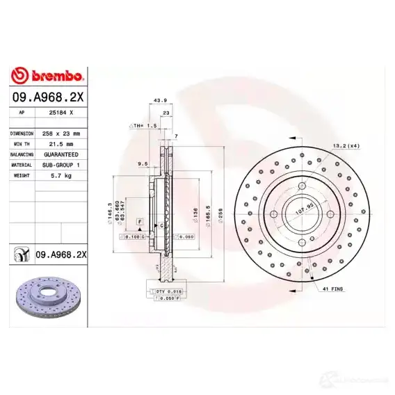 Тормозной диск BREMBO 8020584217504 5ZH HLJD 09a9682x 791500 изображение 2