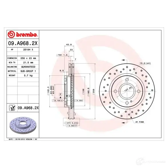 Тормозной диск BREMBO 8020584217504 5ZH HLJD 09a9682x 791500 изображение 7