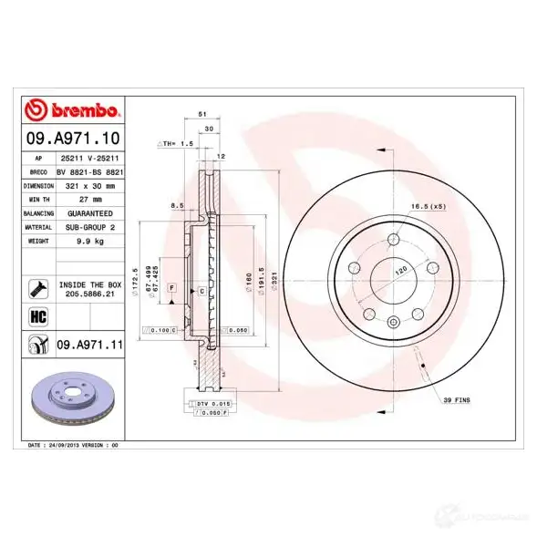 Тормозной диск BREMBO 8020584025840 ROJ GZ 791503 09.A971.11 изображение 3
