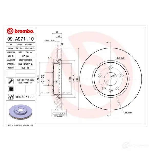 Тормозной диск BREMBO 8020584025840 ROJ GZ 791503 09.A971.11 изображение 4
