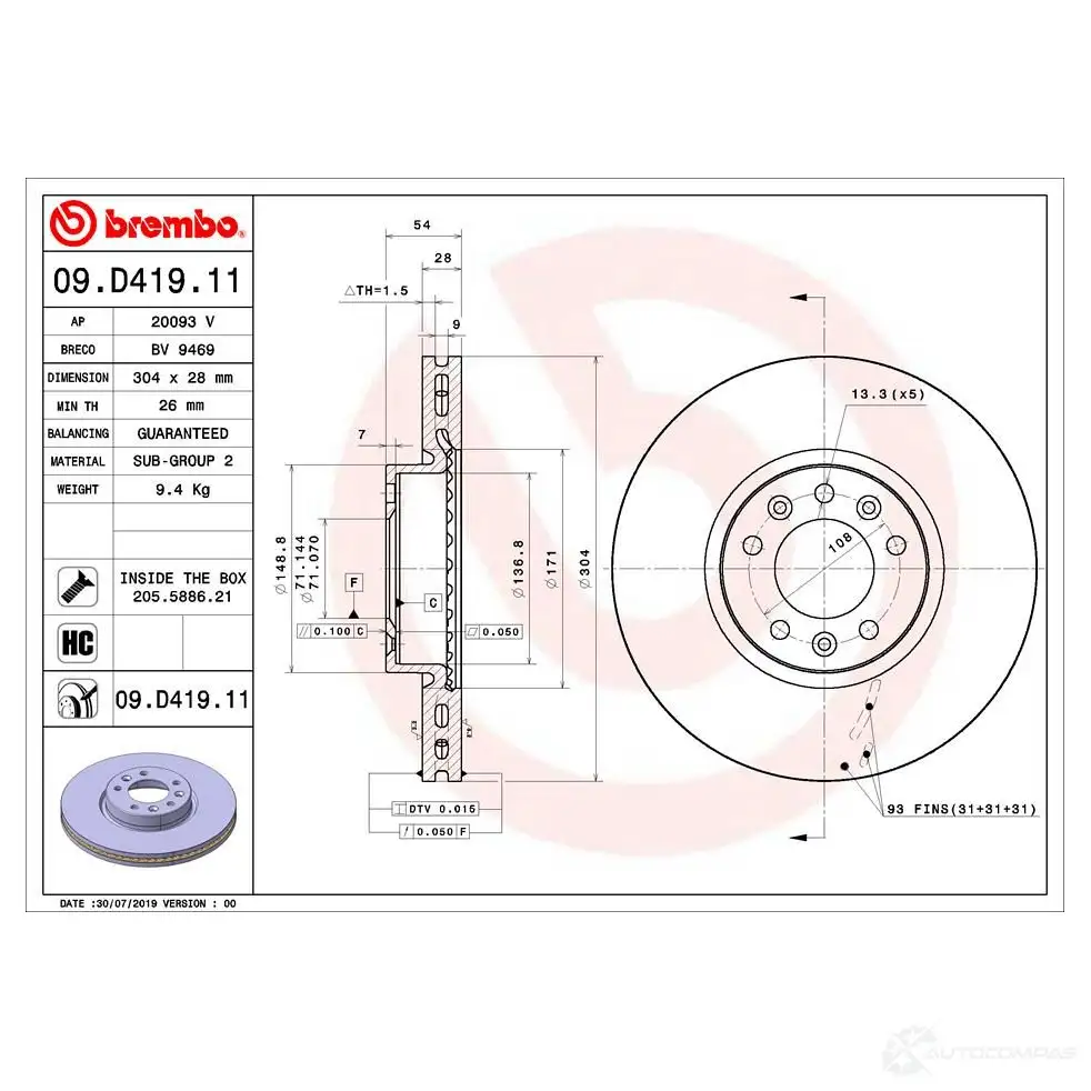 Тормозной диск BREMBO 1438329805 RV5KUO 5 09d41911