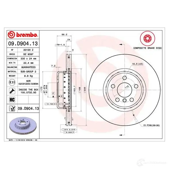 Тормозной диск BREMBO XQ GX8VQ 1438329818 09.D904.13 изображение 4