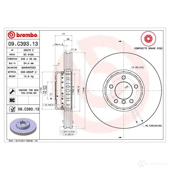 Тормозной диск BREMBO 1210323547 7MEE U 09.C393.13 8020584224403 - Изображение 1