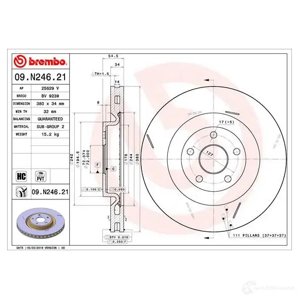 Тормозной диск BREMBO M2 UD7C 8020584232361 09.N246.21 1422939111 изображение 3