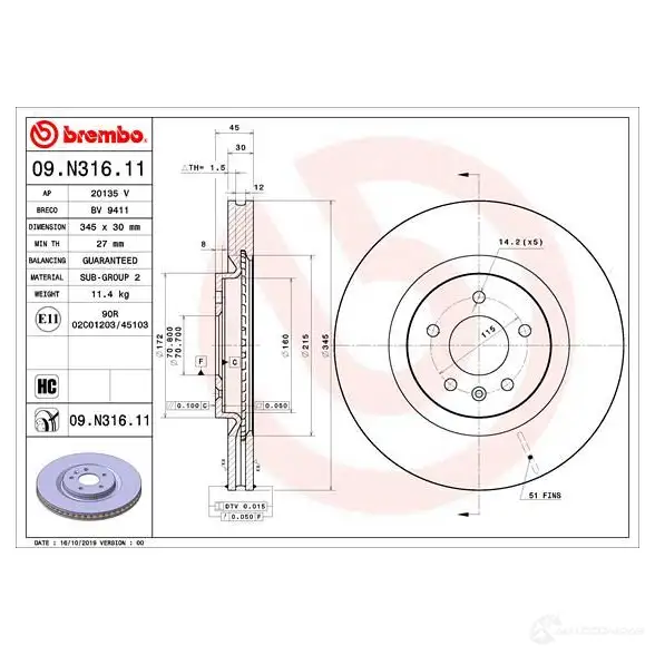 Тормозной диск BREMBO 09.N316.11 1438329827 IE 69SH изображение 1