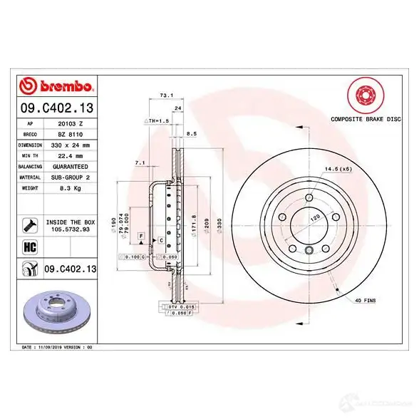 Тормозной диск BREMBO YVM 1S 1438329829 09.C402.13 изображение 0