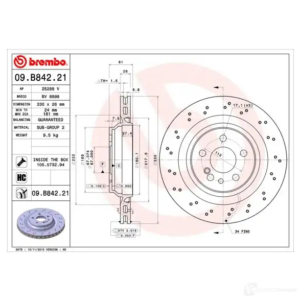 Тормозной диск BREMBO 8020584211052 09.B842.21 791669 RTUJ D - Изображение 1