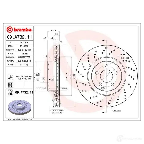 Тормозной диск BREMBO 791412 OBSH7 A0 8020584037515 09.A732.11 изображение 0