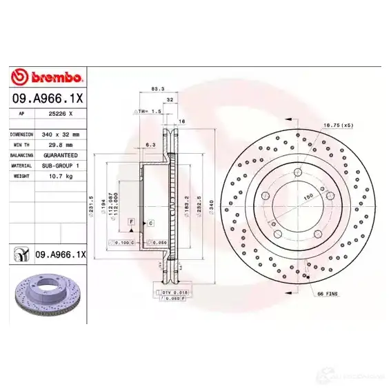 Тормозной диск BREMBO 791494 8020584217757 09.A966.1X C8G S7 изображение 0