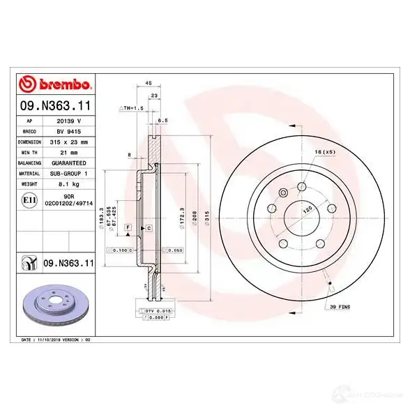 Тормозной диск BREMBO 16F OS 1438329863 09.N363.11 - Изображение 1