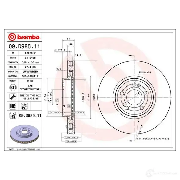 Тормозной диск BREMBO 09.D985.11 EL9 WS 1438329890 изображение 0