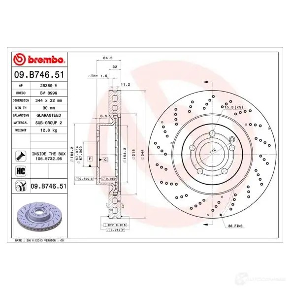 Тормозной диск BREMBO 791656 09.B746.51 8020584038321 KTWP 2O изображение 0