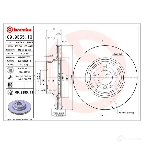 Тормозной диск BREMBO 8020584025697 B38 Q0 790891 09.9355.11 изображение 0