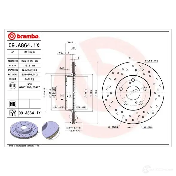 Тормозной диск BREMBO 09.A864.1X E4T I4I8 1422939199 8020584226353 - Изображение 1