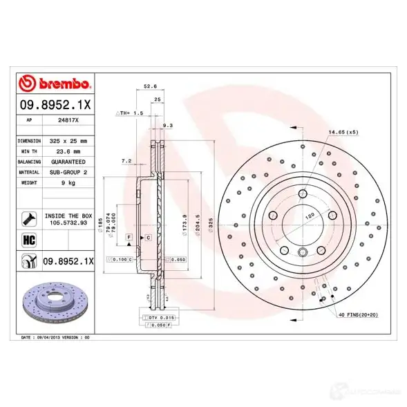 Тормозной диск BREMBO 09.8952.1X 790784 68GL X 8020584212592 изображение 4