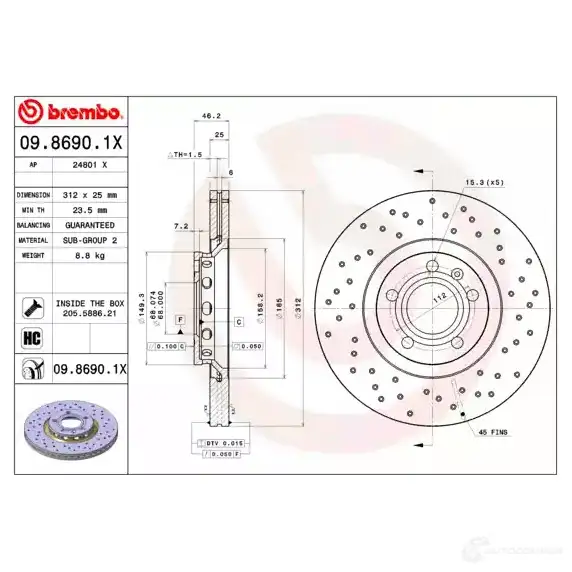 Тормозной диск BREMBO 09.8690.1X 790721 HY6K A 8020584215395 изображение 2