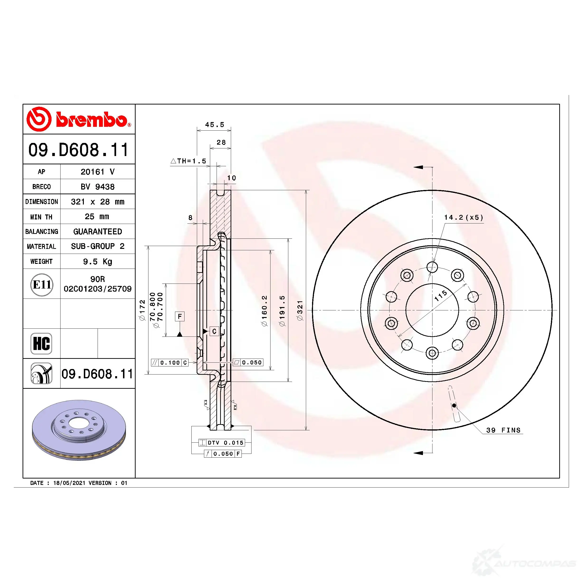 Тормозной диск BREMBO 1438329944 09.D608.11 HO P4KY изображение 0