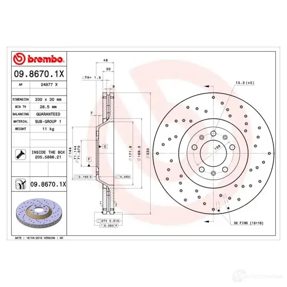 Тормозной диск BREMBO 790712 YJ74WQ 1 09.8670.1X 8020584217436 - Изображение 1