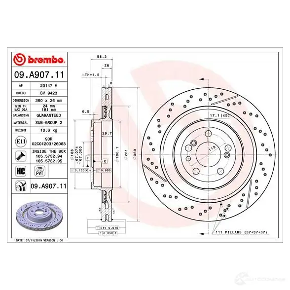 Тормозной диск BREMBO 1438329955 09a90711 HOC0 F - Изображение 1