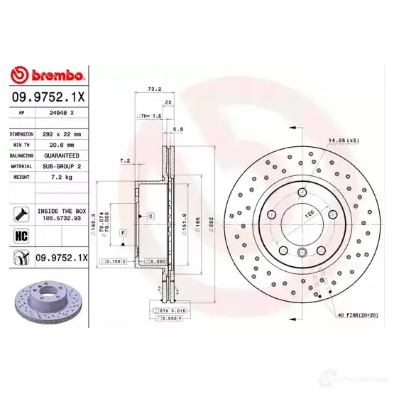 Тормозной диск BREMBO 09.9752.1X W47L RJ 791061 8020584215449 изображение 2