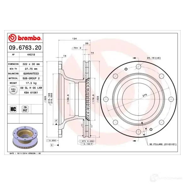 Тормозной диск BREMBO 3 LCT6 790331 09676320 8020584676325 - Изображение 1