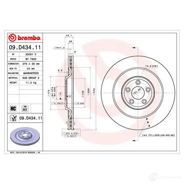 Тормозной диск BREMBO 09.D434.11 PAKG 2E 1438329993 изображение 0