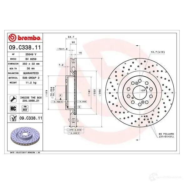 Тормозной диск BREMBO 1210323497 ZR A97 8020584228036 09.C338.11 изображение 3