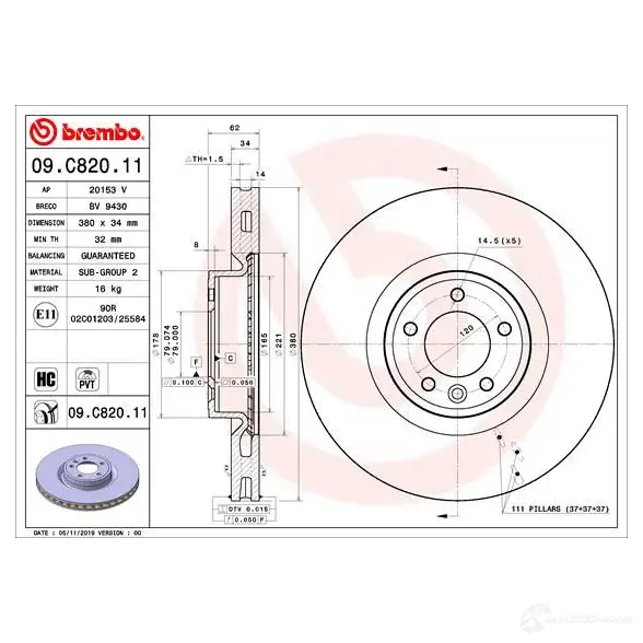 Тормозной диск BREMBO 09.C820.11 XENSD3 E 1438329997 изображение 0