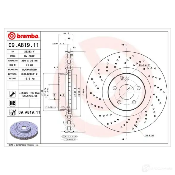 Тормозной диск BREMBO 791450 8020584038161 09.A819.11 4DSF E - Изображение 1
