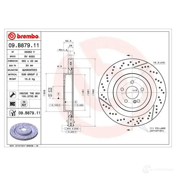 Тормозной диск BREMBO 09.B879.11 8020584227992 1210323117 PCB SX изображение 3