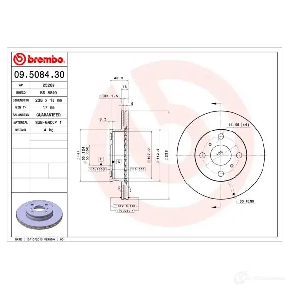 Тормозной диск BREMBO 09.5084.30 DNNN 0LZ 790055 8020584508435 - Изображение 1