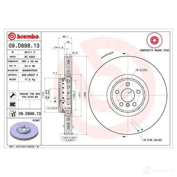 Тормозной диск BREMBO 09.D898.13 1438330013 P37 2NC изображение 1