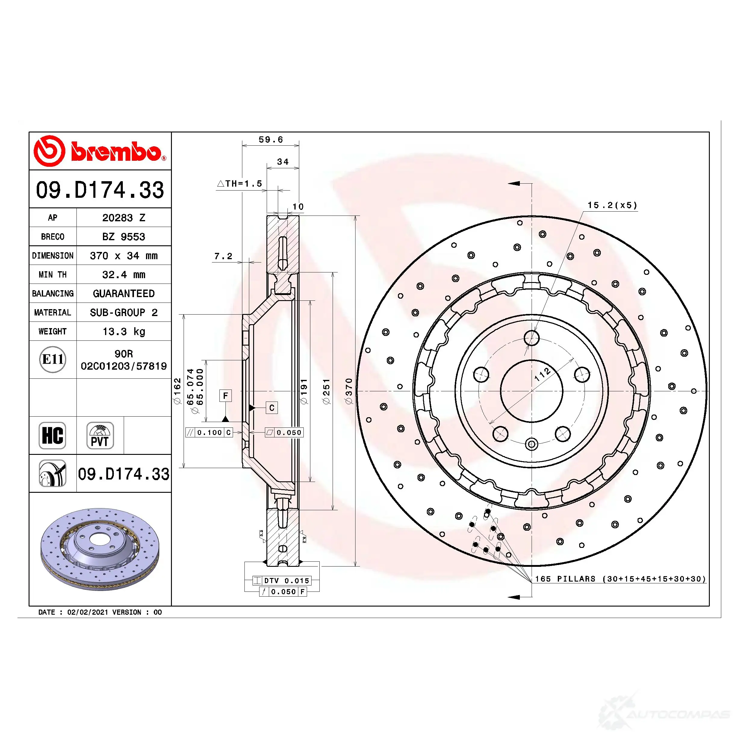 Тормозной диск BREMBO 09.D174.33 TXU WV 1438330020 изображение 0
