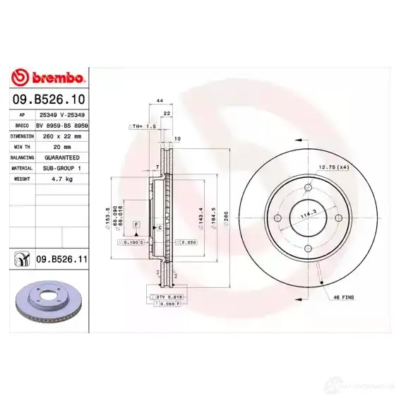 Тормозной диск BREMBO 09.B526.11 4TJ TO 8020584214435 791597 - Изображение 1