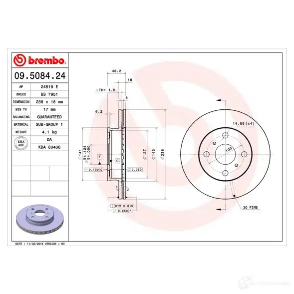 Тормозной диск BREMBO 790054 W G81V6 8020584016220 09.5084.24 изображение 1