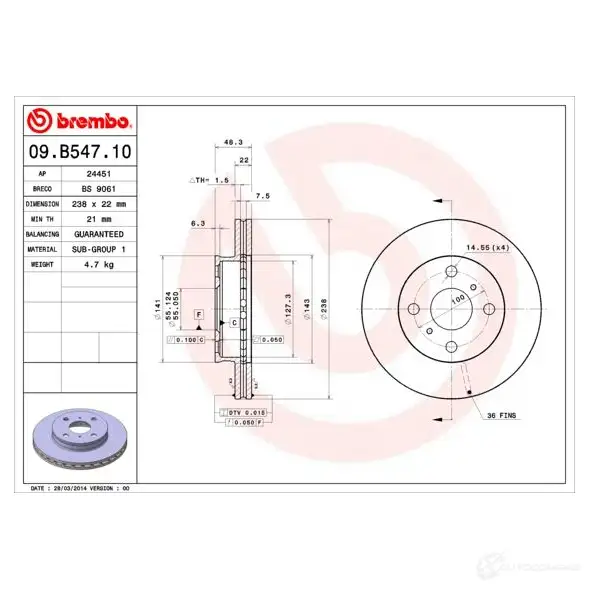Тормозной диск BREMBO 8S0 WK 8020584019962 09.B547.10 791601 - Изображение 1