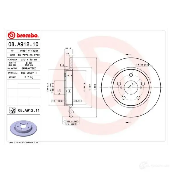 Тормозной диск BREMBO 08.A912.11 789805 8020584034088 0VV H42 изображение 3