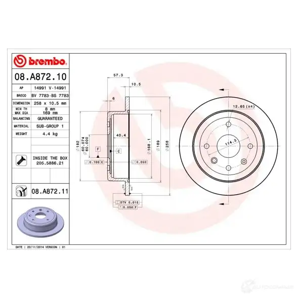 Тормозной диск BREMBO 1210309421 8020584222089 08.A872.11 2GAN WE изображение 0