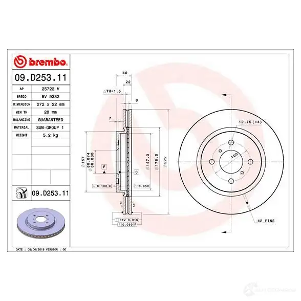 Тормозной диск BREMBO 1422939127 09.D253.11 W2 3ZE изображение 0