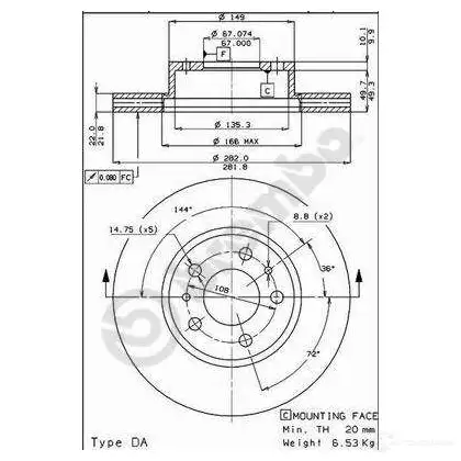 Тормозной диск BREMBO 09380310 789957 8020584380314 O82 VTW