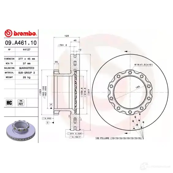 Тормозной диск BREMBO 09a46110 7R6T7 4G 791317 8020584214862 изображение 1