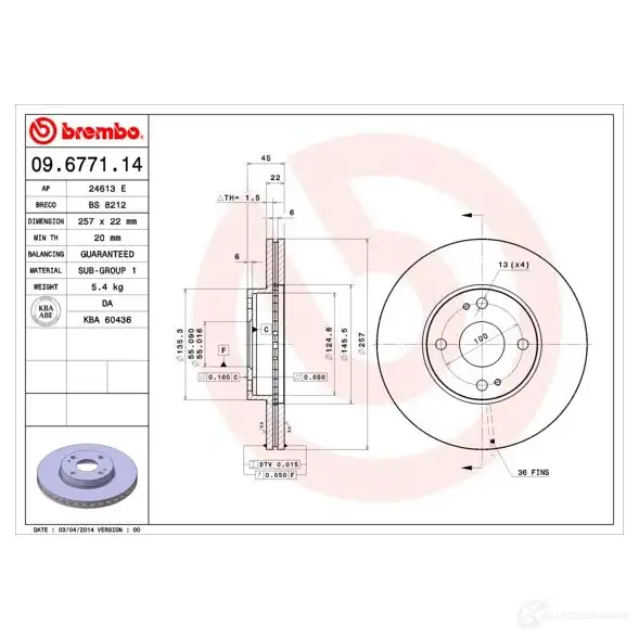 Тормозной диск BREMBO 790340 09.6771.14 HHHYW L 8020584013984 изображение 1