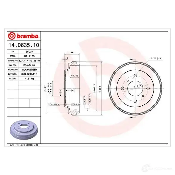 Тормозной барабан BREMBO 14.D635.10 689 4EZG 1437311885 - Изображение 1