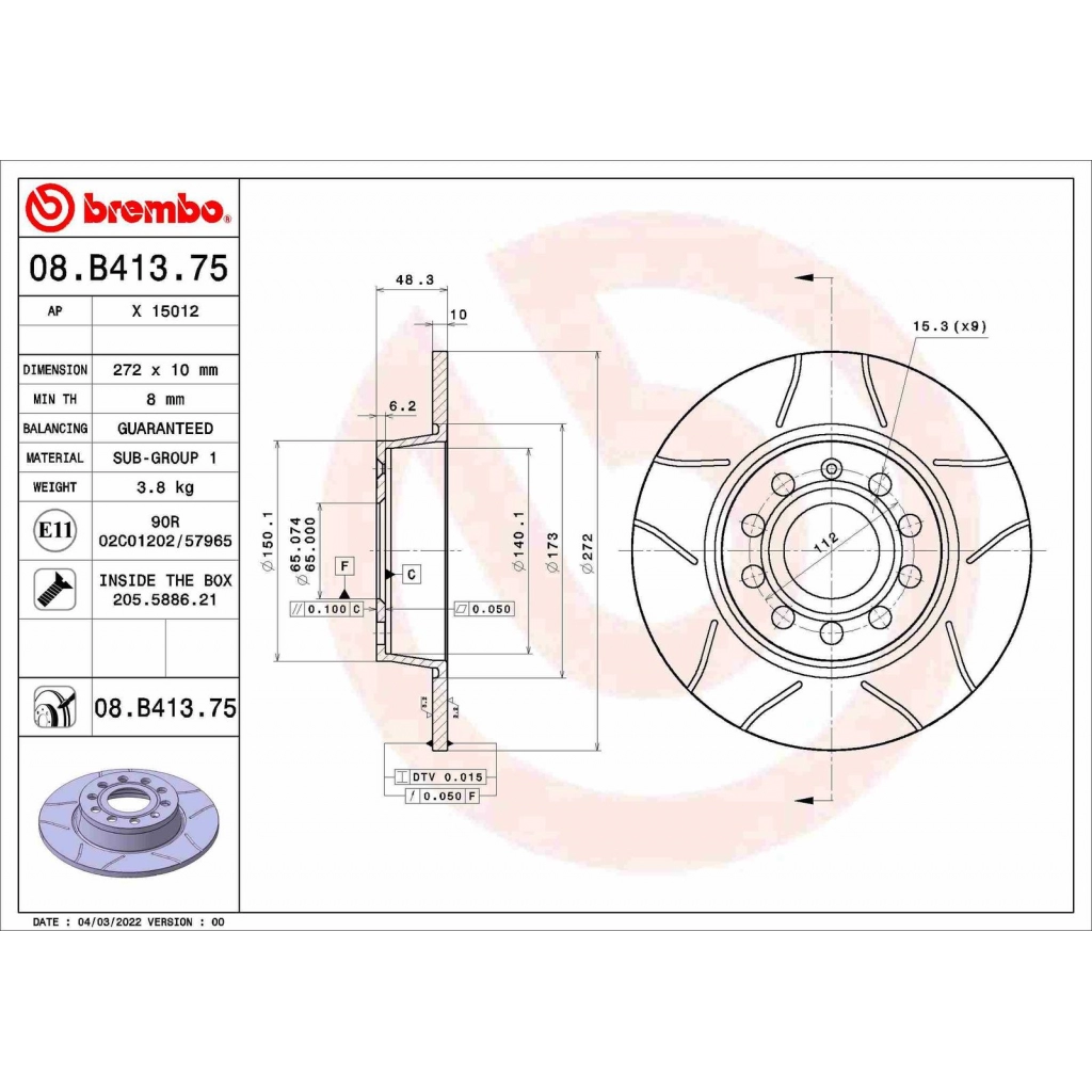 Тормозной диск BREMBO 0AR0X E 1440109086 08.B413.75 изображение 0