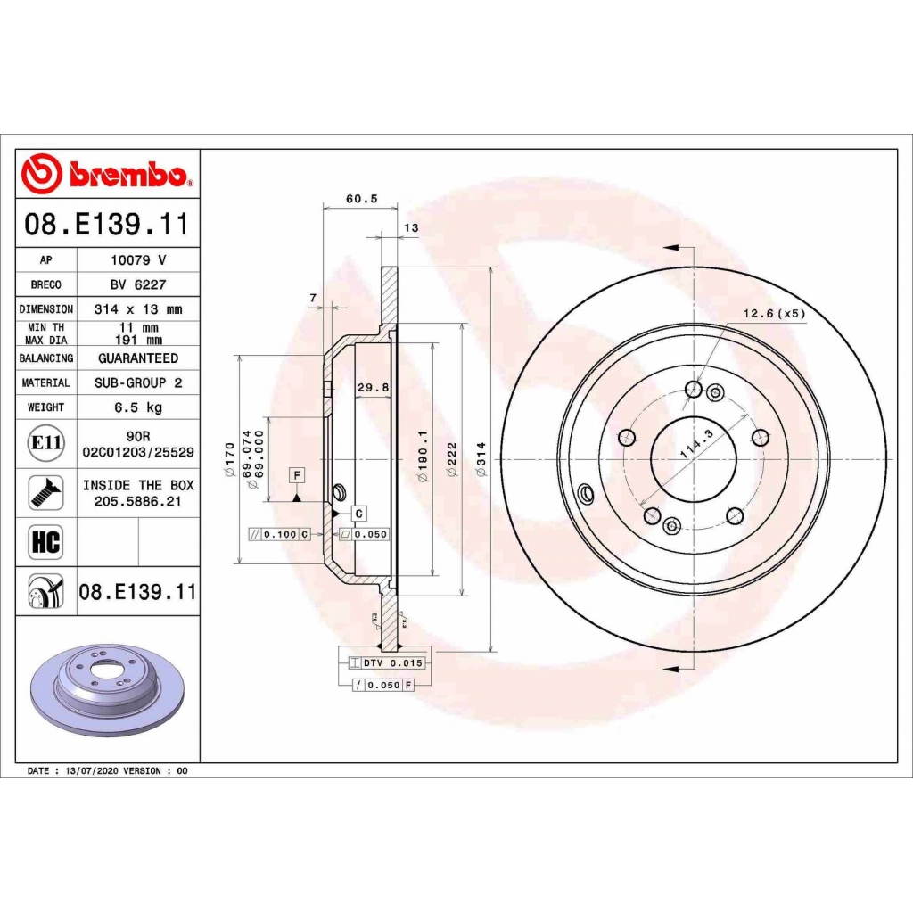 Тормозной диск BREMBO 08.E139.11 1440109116 FYTX X0