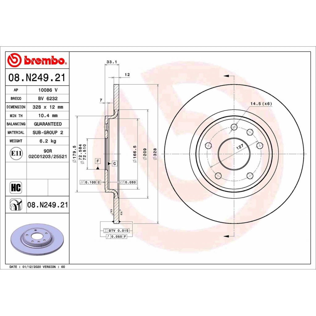 Тормозной диск BREMBO 08.N249.21 1440109141 8K 41AJ - Изображение 1