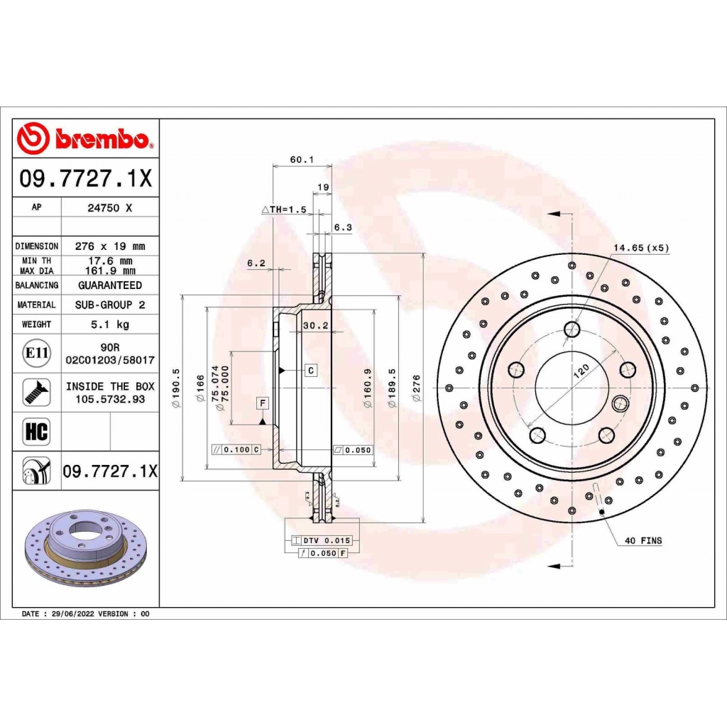 Тормозной диск BREMBO 1440109154 09.7727.1X FA5I SK