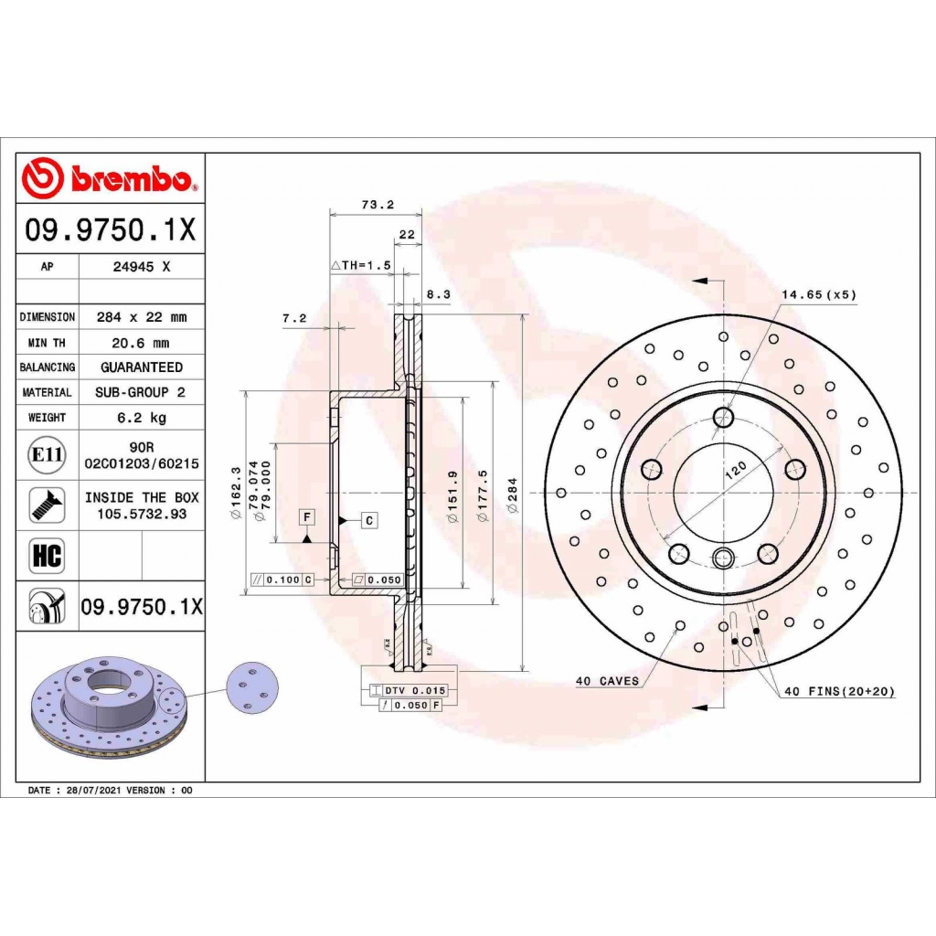 Тормозной диск BREMBO 09.9750.1X 3S7XJ5 6 1440109171