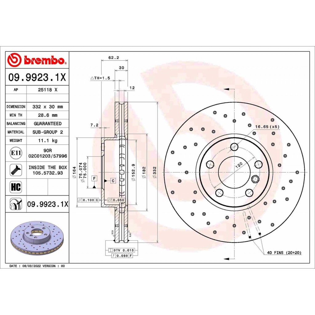 Тормозной диск BREMBO 1440109175 09.9923.1X TA YW3